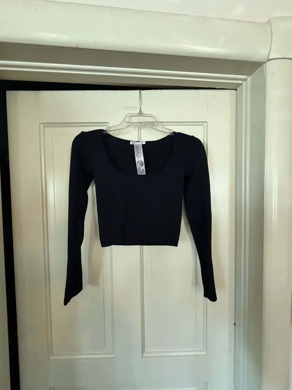 Zara Black Ribbed Knit Square Neck Long Sleeve Crop Top Size XS-S